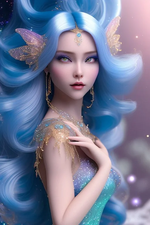 woman glitter blue fairy in a galactic ambiance, long blue hair, detailed gorgeous smile, delicate colors in the foreground, full of details, smooth, light effect，vaporwave colorful, smooth, extremely sharp detail, finely tuned detail, ultra high definition, 8 k, unreal engine 5, ultra sharpBeautyful smiling young woman, long hair amazing blue eyes, flowers, happy cosmic, bright colors, blue, pink, gold, jewels, realistic, photo real, clear sunny background, highly detailed, high contrast, 8k 