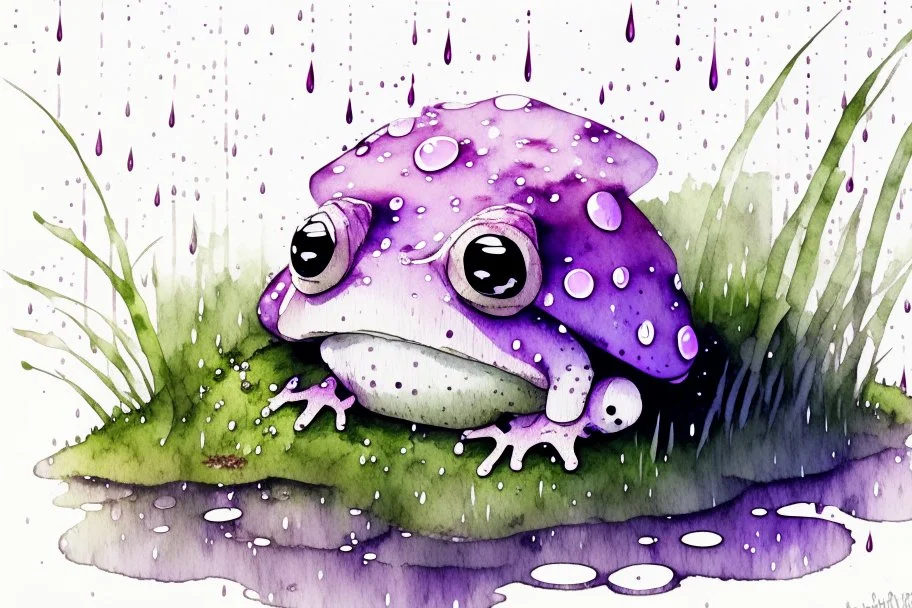 3D close-up of a very cute fluffy plushy chibi plush frog hiding from the rain under a red white spotted mushroom in the forest, puddles in front, grass and violets next to him, 3d effect melting watercolour on wet inked paper, black ink outline in sunshine, ethereal, cinematic postprocessing