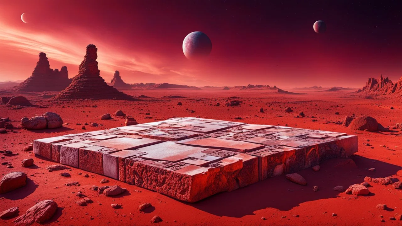 an ancient abstract nonfigurative statue with ancient signals from carved, polished marble blocks lies down on the red Mars planet, background ancient ruins, strange psychedelic sky, cold colors, mystic ancient art, very detailed, cinematic, sharp focus, sci-fi style, utopistic, surreal, psychedelic fantasy