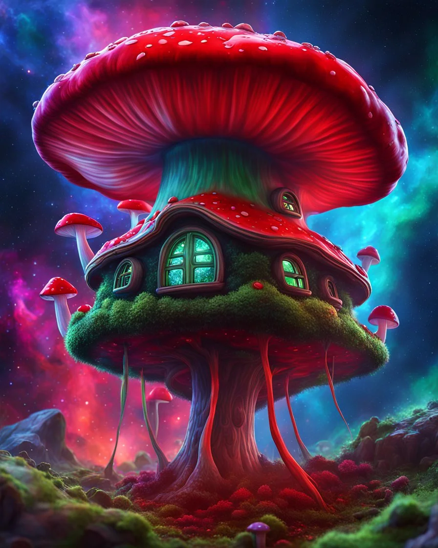 A lonely floating island mushroom house in space. red green blue, deep space nebulas. Detailed gloss Painting, bright color, fantastical, intricate detail, splash screen, hyperdetailed, insane depth, concept art, 8k resolution, trending on Artstation, Unreal Engine 5, color depth, backlit, splash art, dramatic, High Quality Whimsical Fun Imaginative, good composition