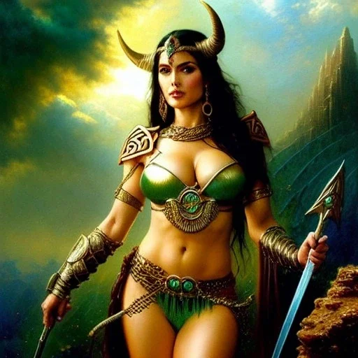 portrait 'beautiful Sexy Busty Dejah Thoris',braided long hair,horned helmet, celtic tattoed,crystal clear green eyes,painting by gaston bussiere, greg rutkowski, yoji shinkawa, yoshitaka amano, tsutomu nihei, donato giancola, tim hildebrandt, oil on canvas, cinematic composition, extreme detail,fit full head inside picture,32k