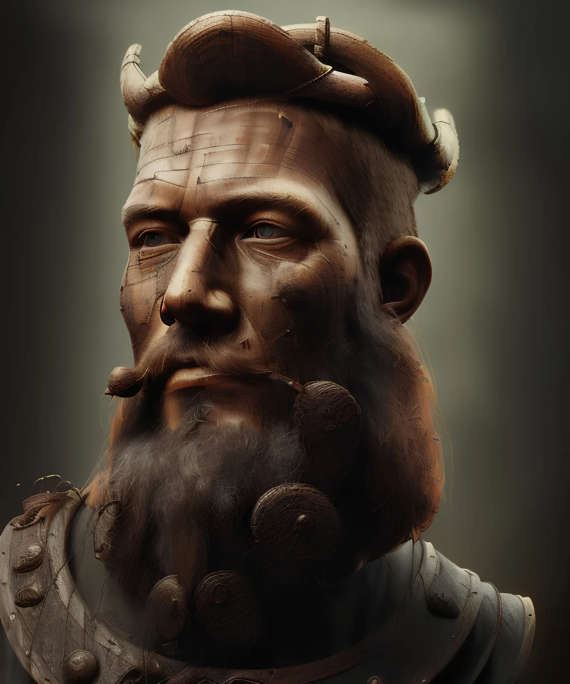 an abstract painting of rusted wood, Viking style, 8K, a Highly detailed stunning full frame portrait of a man with a woman, wide-angle view, a realistic face, volumetric lighting, volumetric clouds