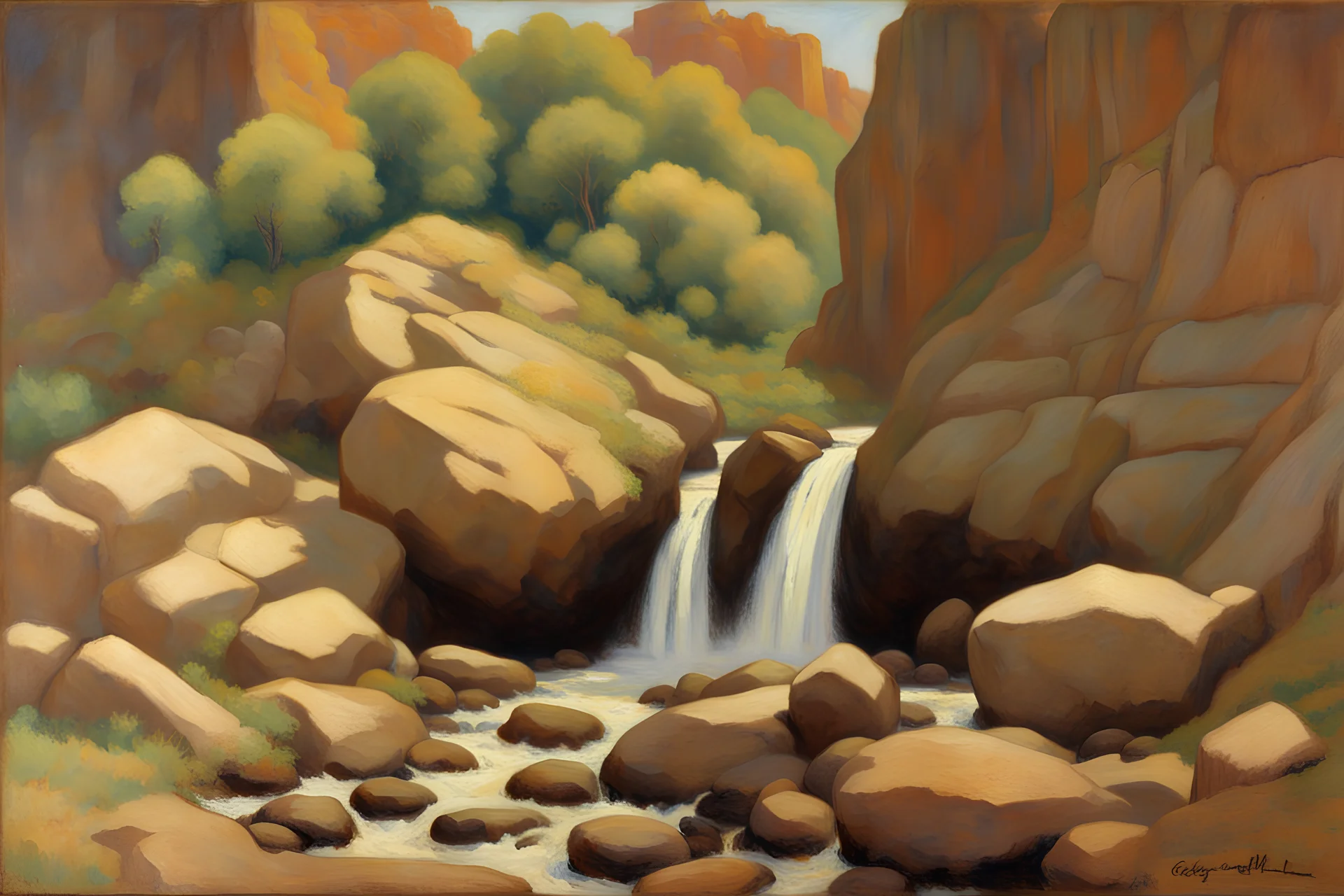 Sunny day, rocks, waterfalls, rocky land, mountains, friedrich eckenfelder and georges lemmen impressionism paintings