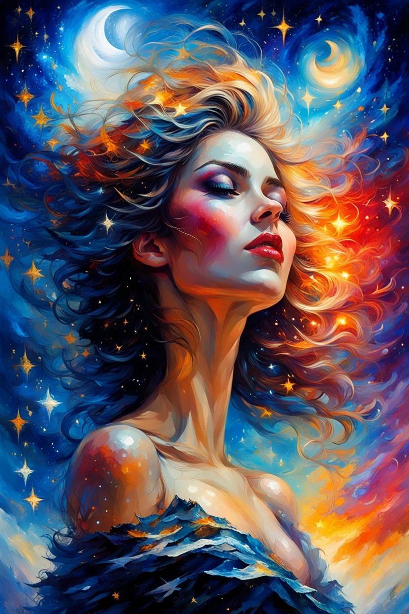 the night sky, she awaits with anticipation, Karol Bak UHD,, Pino Daeni and Dan Mumford, exquisite rendering, style of Leonid Afremov, Mario Sanchez Nevado. Modifiers: intricate very attractive beautiful award winning ultra detailed colourful high energy