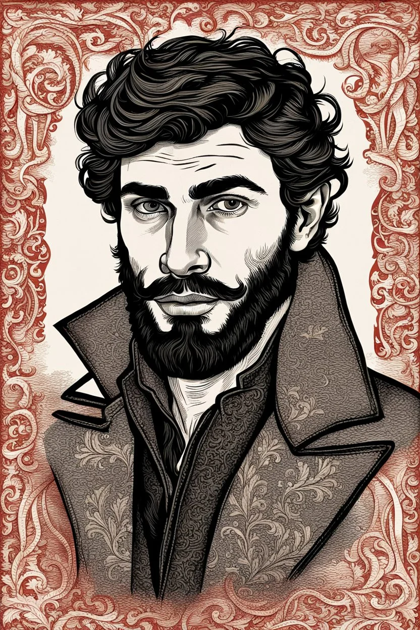 young man in mid 20's, medieval, fighter, russian, croocked nose, czar, rich, simple clothes, short messy hair, thick beard, oligarch, leather coat with fur, brocade clothes, pencil drawing, black or red hair, muscles, background frame