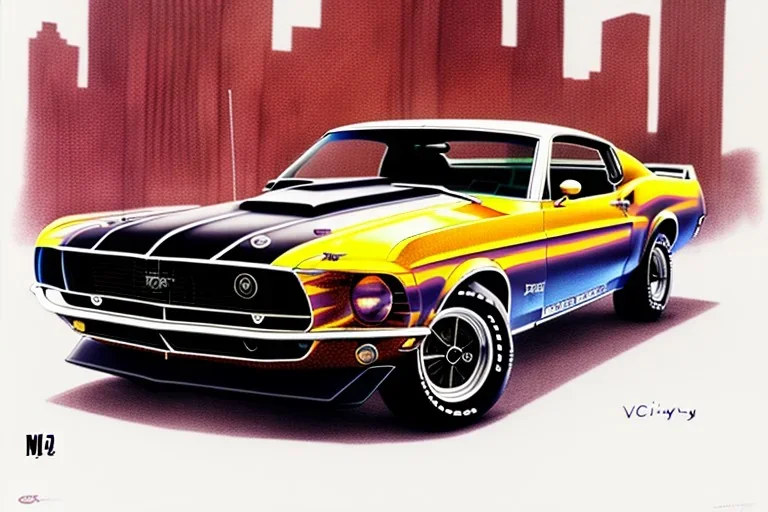 a true-to-life 1969 Ford Mustang Boss 302, centered, intricate, extreme detailed, photorealism, center view, city background, pivot on ford, pen and color marker, painting by cheryl kelley