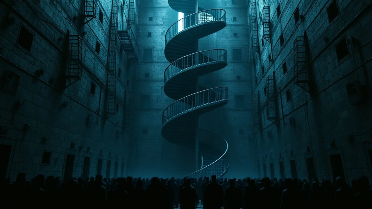 Many Stairs between walls and buildings in bleak prison, a big vertical spiral massive staircasel, the end of which cannot be seen, underneath many black human silhouette, dark blue and gray colors, cold, grim vibe, high detailed, surreal, dark, cinematic