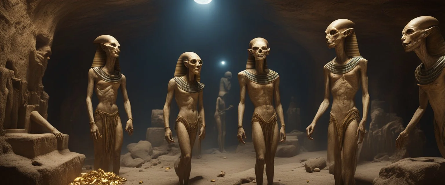 Hyper Realistic aliens inside Egyptian catacombs with lots of gold at dark night