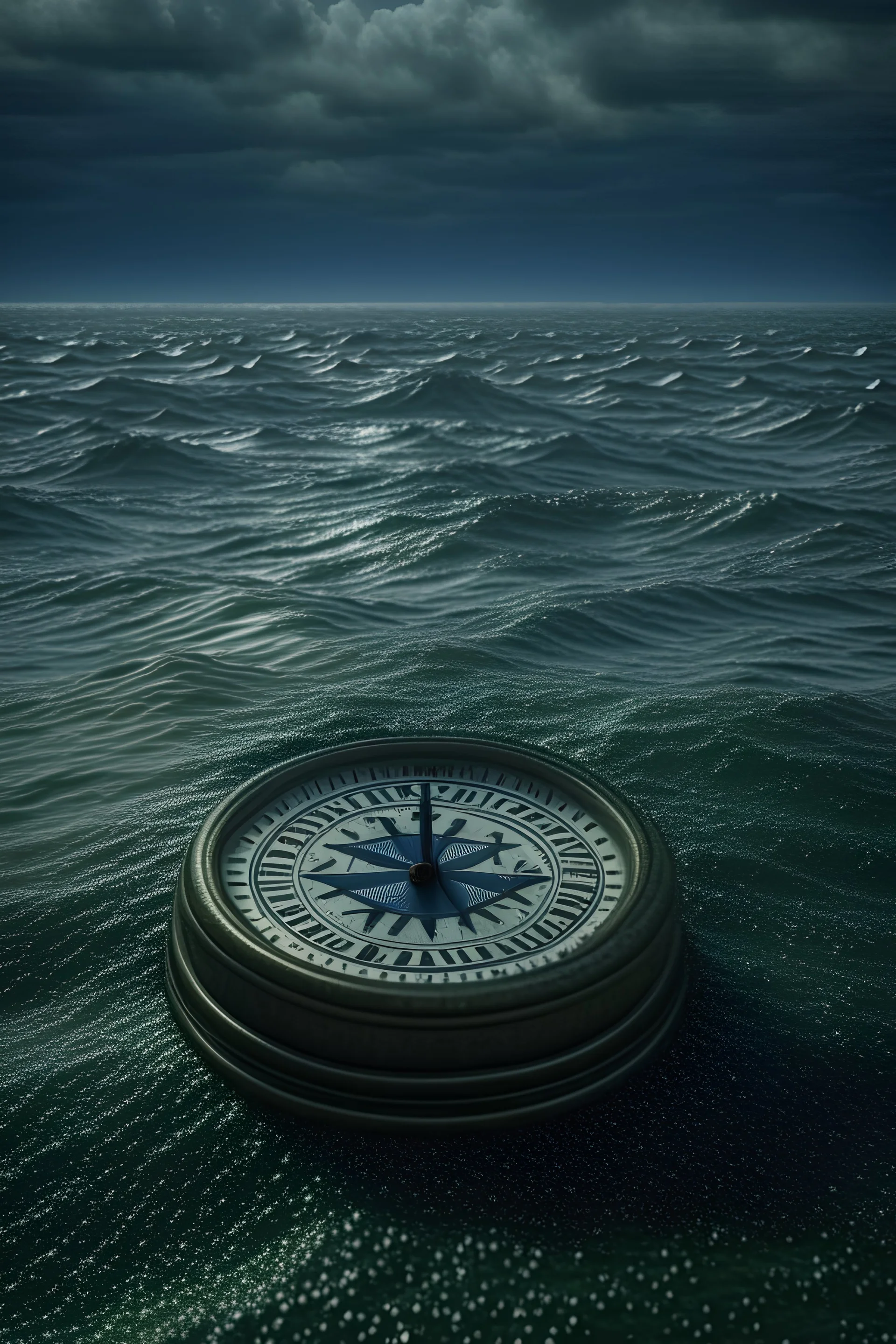 Animation compass is swimming and lost in a huge and real ocean and there was storm