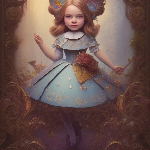 "Alice in the wonderland",dressing Disney style,hairstyle Disney style, detailed eyes, Realistic lighting,elegant,sarcastic smile, by artgerm,Chie Yoshii,Brian Kesinger,Gediminas Pranckevičius,Kilian Eng,reg Rutkowski,diseney