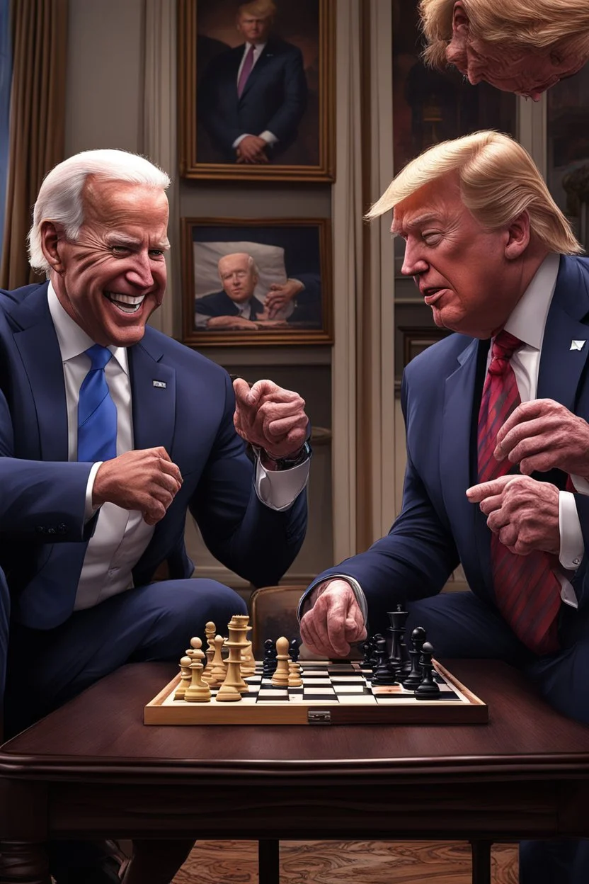 A hyper-realistic , Joe Biden and Trump in a game of chess,Trump smiling ,Biden angry, 64K, hyperrealistic, vivid colors, (glow effects:1.2) , 4K ultra detail, , real photo