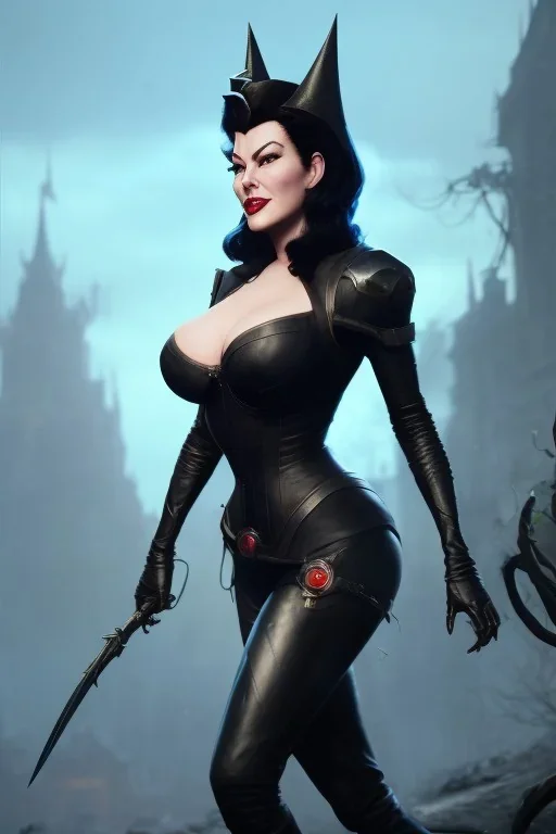 Ava Gardner as evil queen in black leather, busty, cleavage, curvy, angry, stern look. character design by cory loftis, fenghua zhong, ryohei hase, ismail inceoglu and ruan jia. unreal engine 5, artistic lighting, highly detailed, photorealistic, fantasy