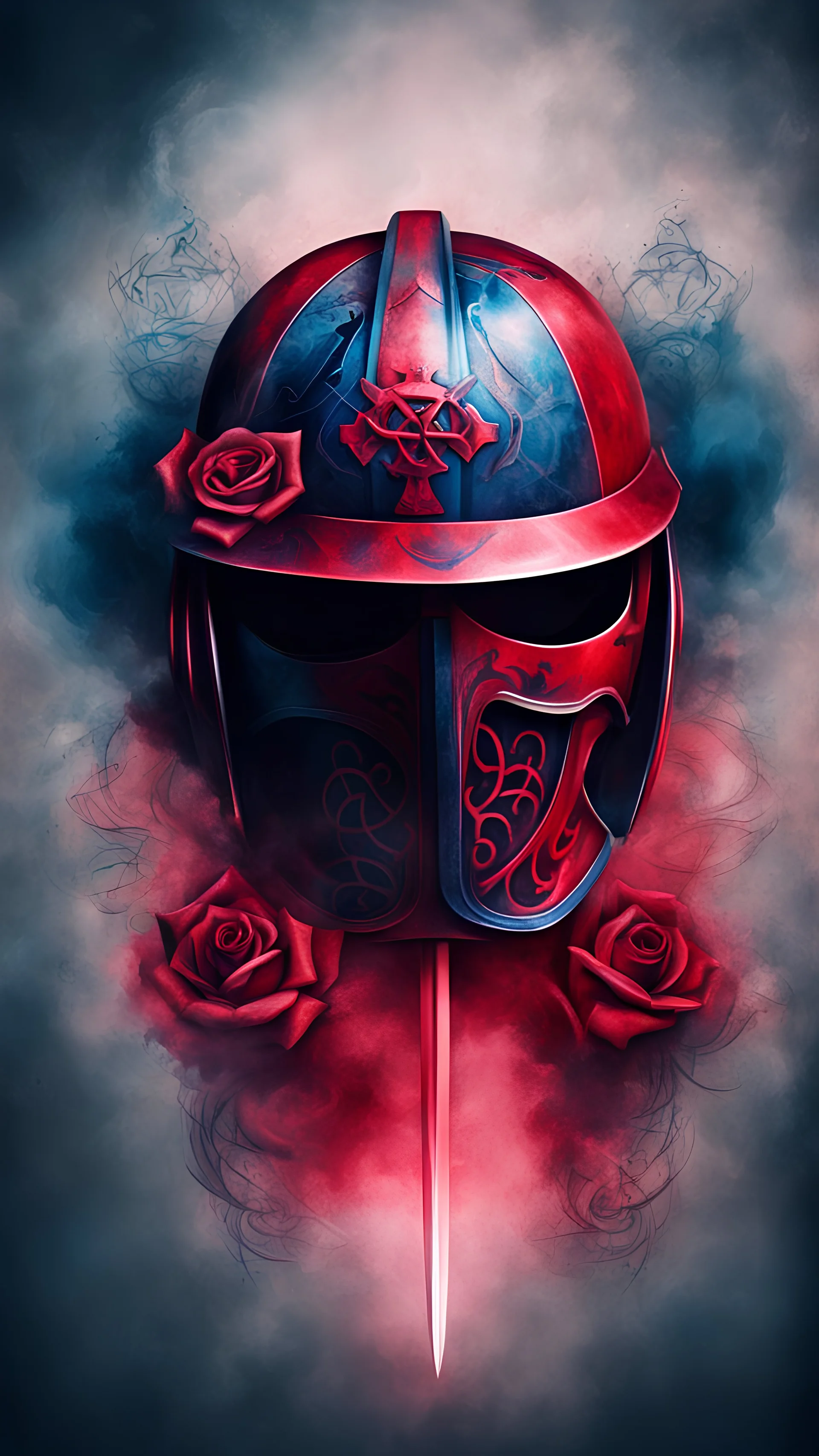 2D image of abstract red baseball helmet symbol tattoo with rose element,blue and red tone light, Cross sword on behind,motions fog smoke on dark cinematic background