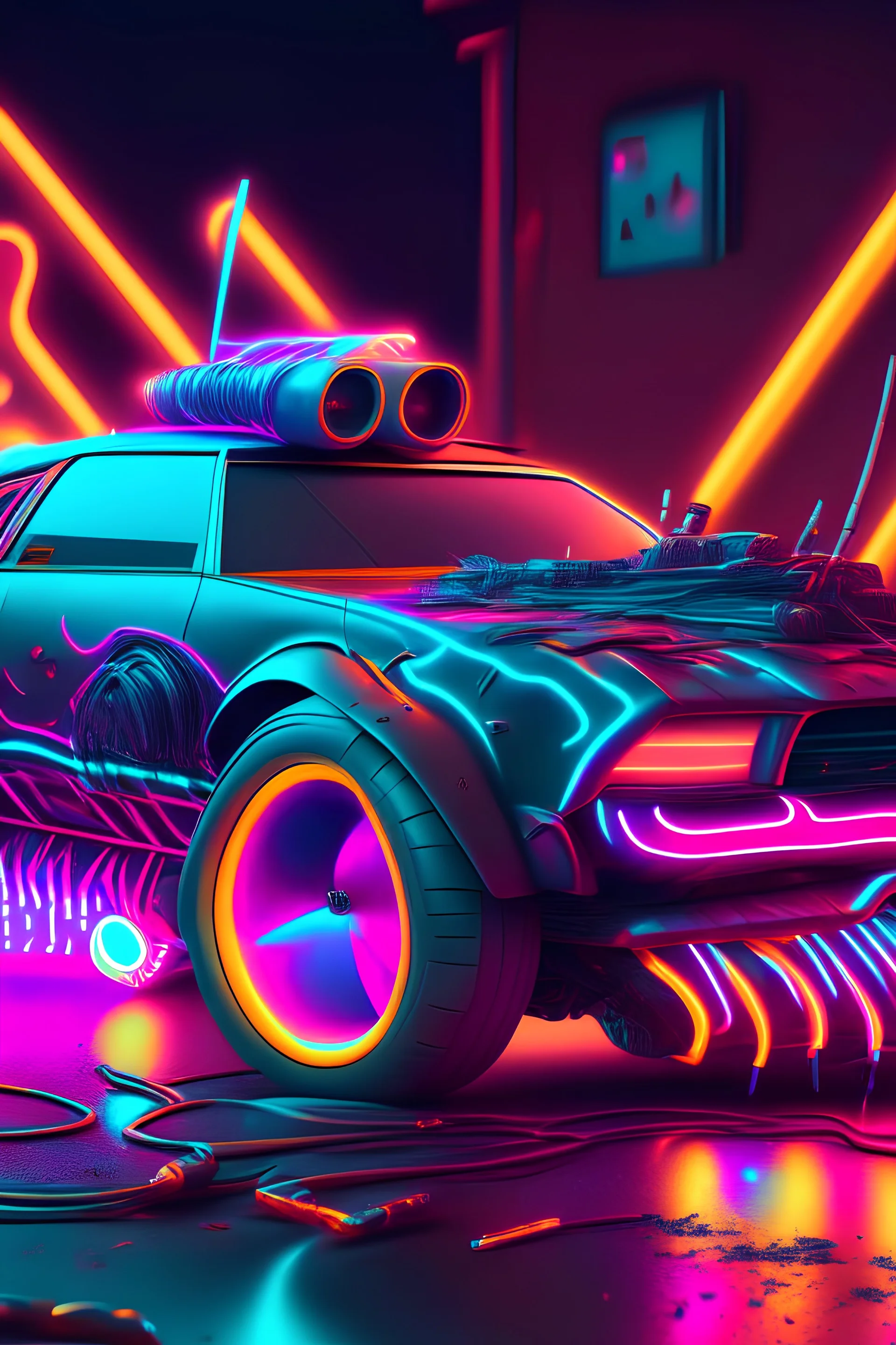 armed car art, magic, colorful, neon, octane render in 3d realism, full details 8k.