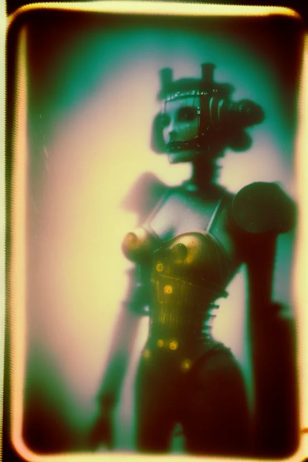 steampunk, vintage analog polaroid of a woman robot, female body, fog, lomography, heavy film grain, night, color bleed, depth of field, bokeh, retro