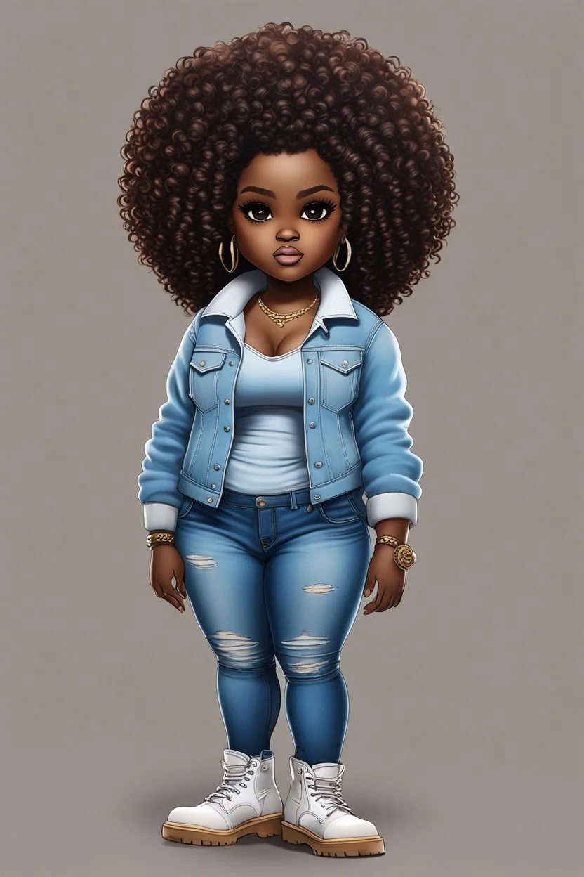 create a digital image of a plus size chibi dark skinned Black female wearing a light blue jean outfit with timberland boots. Prominent make up with brown eyes. Highly detailed tight ombre curly afro 2k