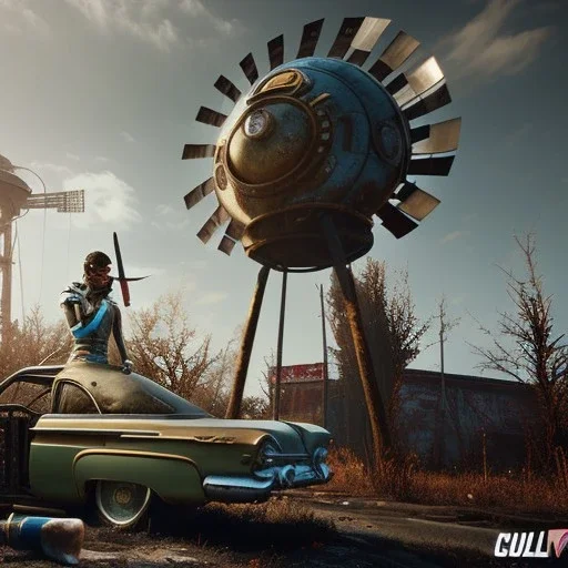 fallout 4 character, windmill with axe on roller skies in the streets of cyberpunk city filling up car, gaz station, unreal, spray paint, clay, vox model