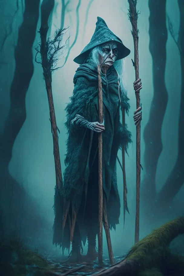 portrait of witch on crutches, prehistoric forest, trending art, 8k, depth of field, volumetric fog