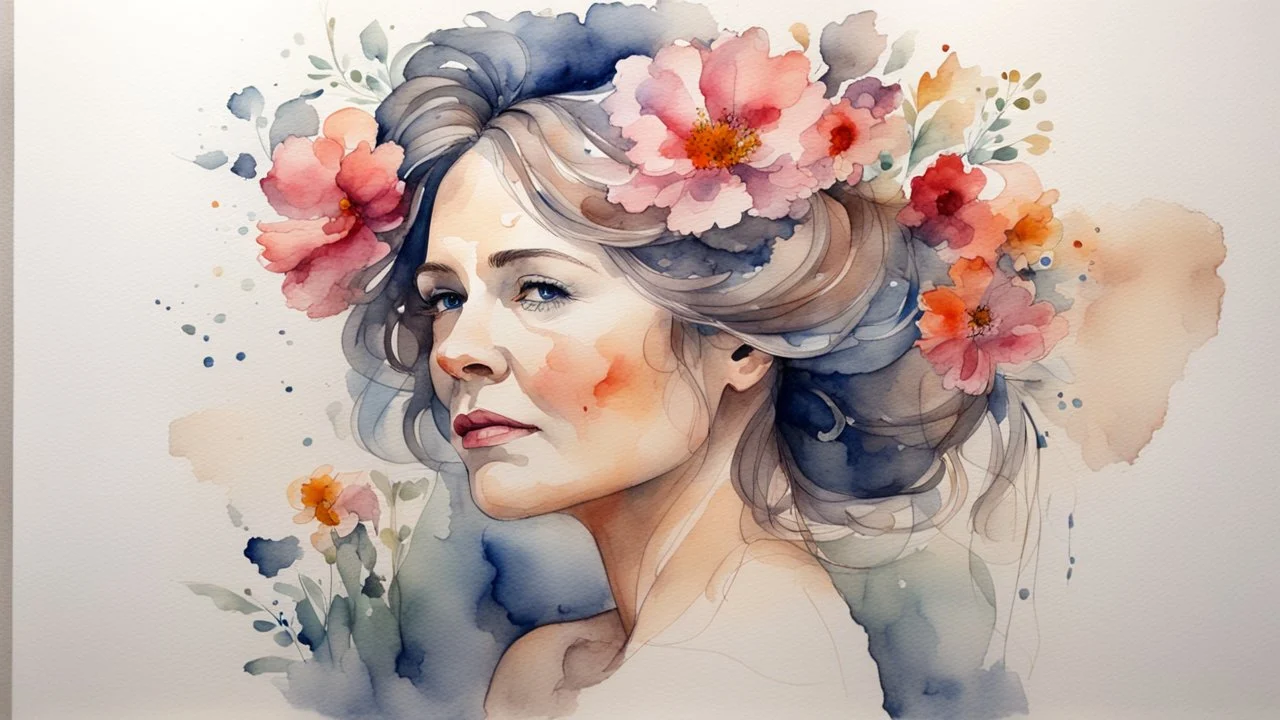 woman 45 years old, watercolor, flowers in hair, fine drawing, stained paint