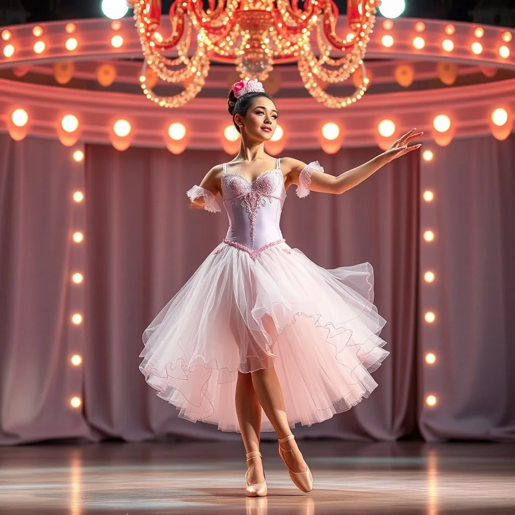 a beautiful balerina in pretty clothing in a modern cifi stage in her performance cinamatic lights .