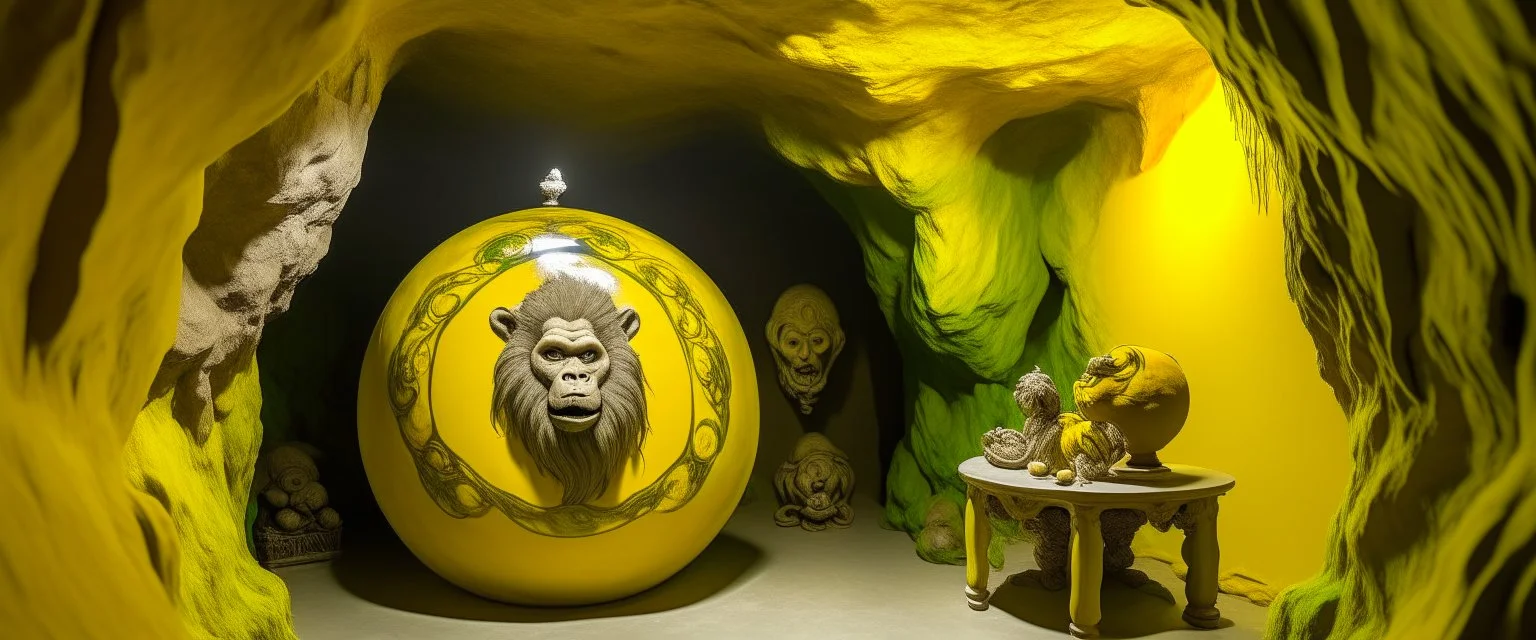 A yellow cave with a round electrical yeti designed in ancient Greek pottery painted by Zosan