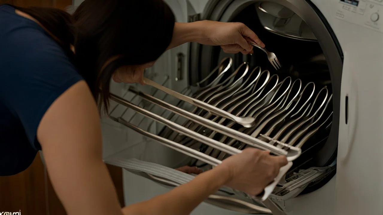 woman puts silverware spoons in her dryer