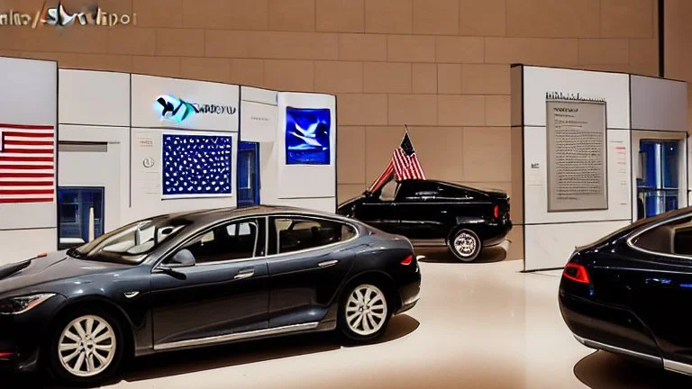 A Tesla's 'Model S Plaid' is doing donuts, inside the 'National Air and Space Museum', in Washington, D.C. CINEMATIC. WIDE ANGLE LENS.