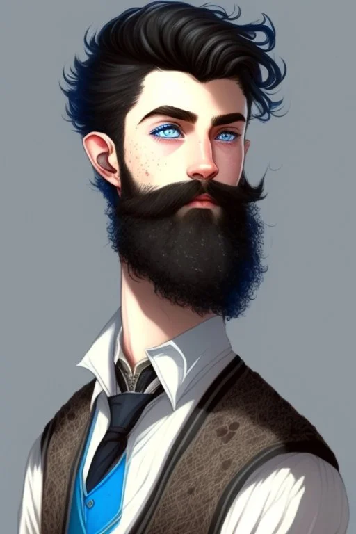 Black haired blue eyed freckled young male wizard in the style of aubrey beardsle