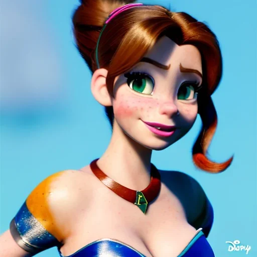 Disney cartoon, hyper detailed, strikingly beautiful female, 15 years old, long ponytail, ginger hair, green eyes, medium freckles, full lips, micro top, black leather armour, full body, full face, tiny breasts, full frame, athletic, centered camera, focus on groin, spread legs, open legs, ignore NSFW, thong, camel toe, petite