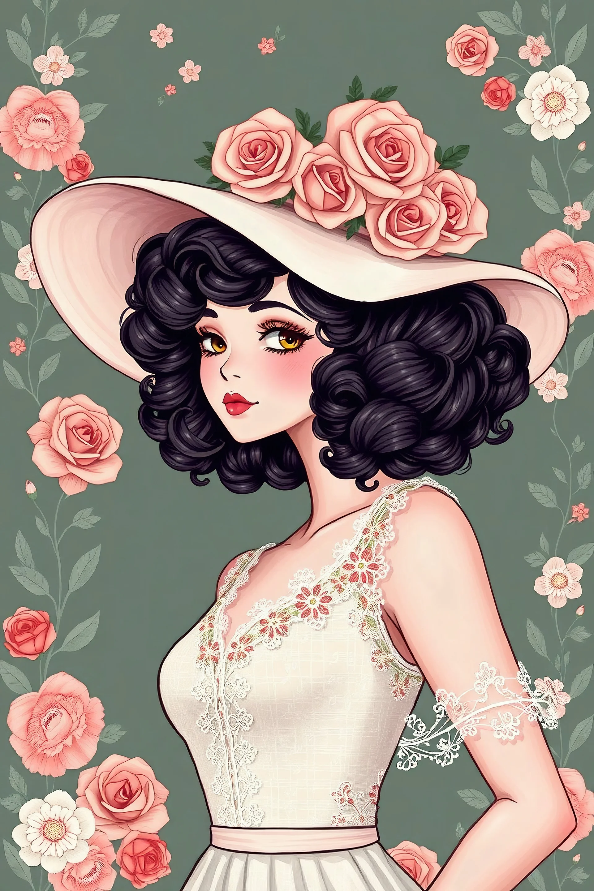 An illustrated woman with voluminous curly hair, wearing a wide-brimmed hat adorned with roses, lacy dress, set against a floral and musical note backdrop.