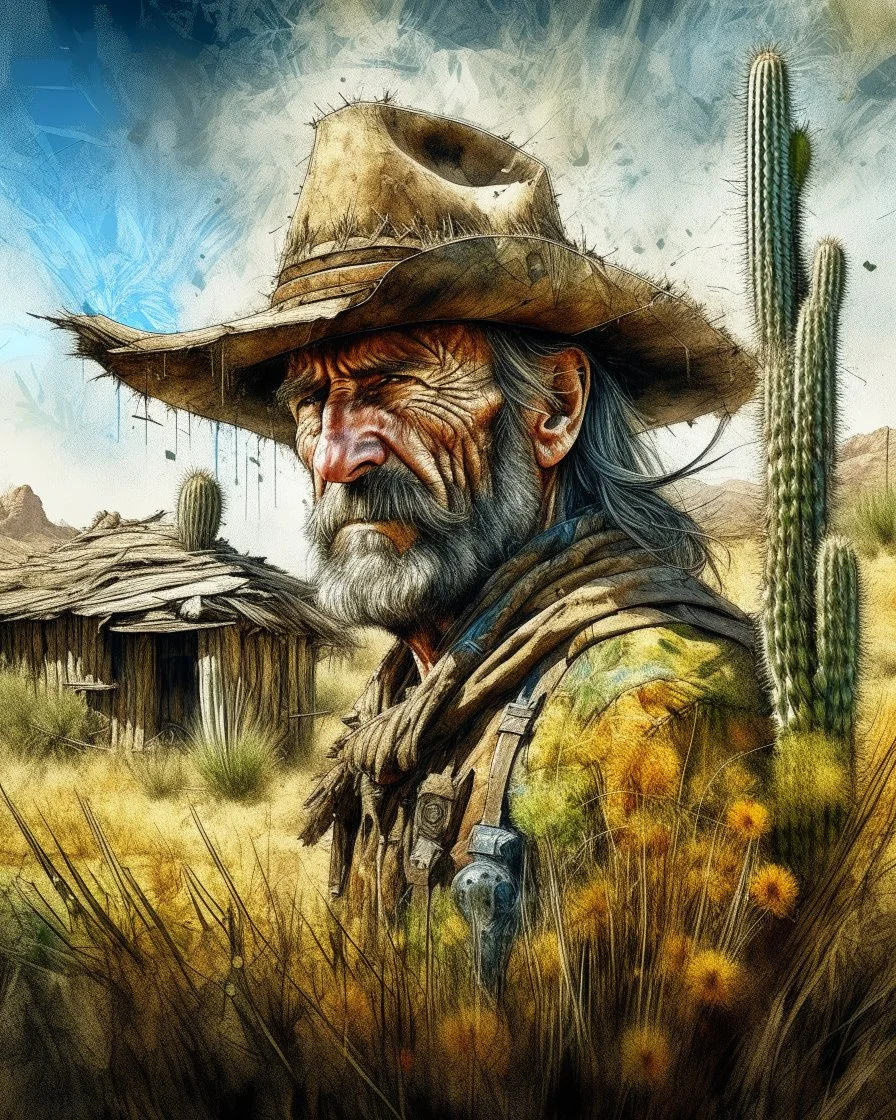 The old Cowboy of the Desert, double exposure cowboy face formed by a old weatheredmud hut with cactus and tumbleweeds around it, watercolor by Jean-Baptiste Monge and Yossi Kotler,Modifiers:sharp focus extremely detailed intricate oil on canvas portrait hyperrealistic high definition crisp quality