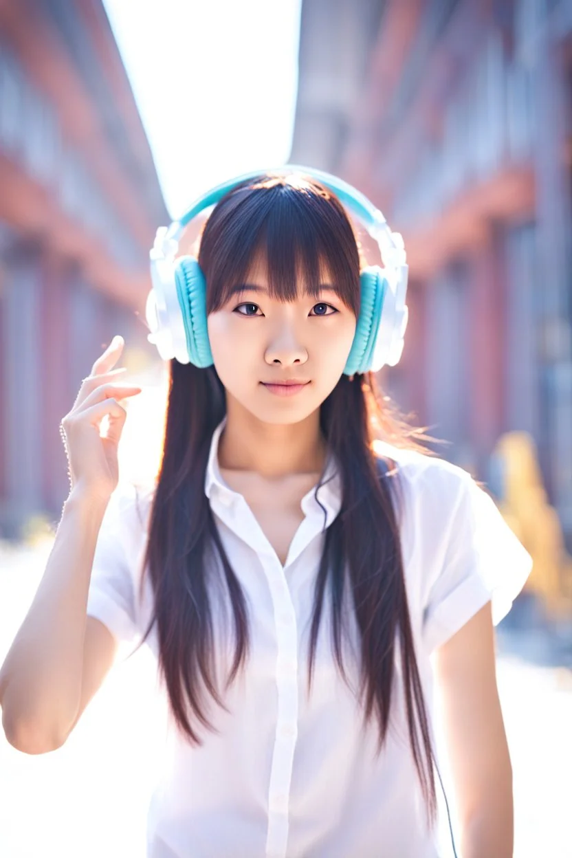 An Asian girl in a white shirt and headphones.