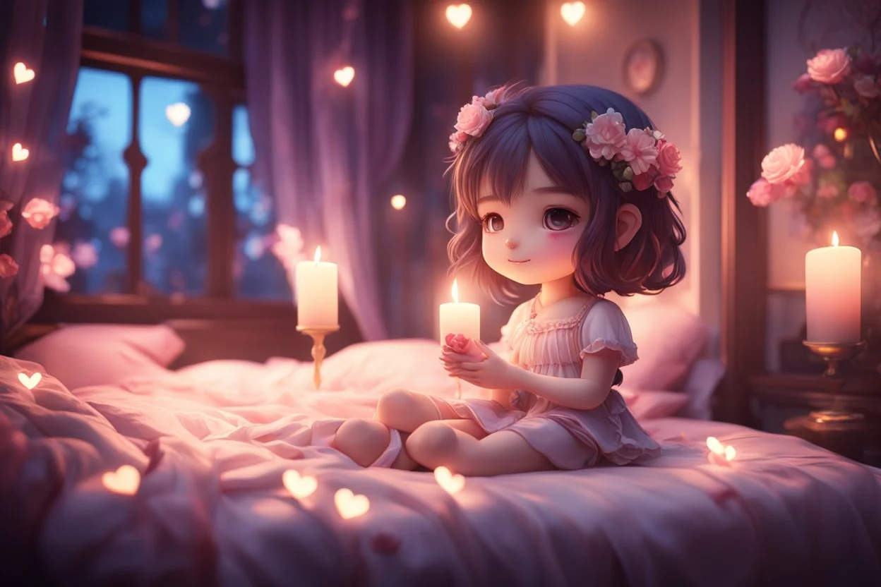 Cute chibi girl in a bedroom at night, flowers in candlelight, heart and love, ethereal, cinematic postprocessing, bokeh, dof Weight:1 detailed matte painting, deep color, fantastical, intricate detail, splash screen, complementary colors, fantasy concept art, 8k resolution trending on Artstation Unreal Engine 5 Weight:0.9