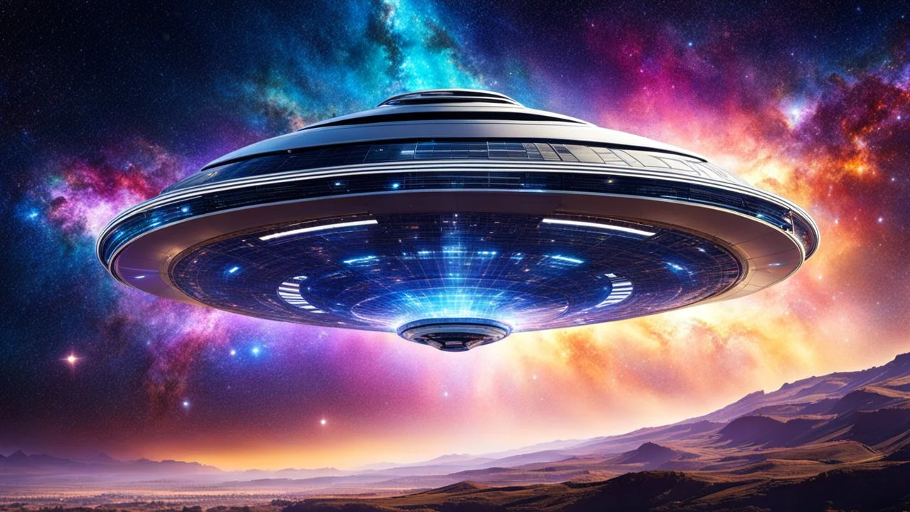 A wonderful hyper futuristic flying saucer in a shape of a galaxy in the middle of the cosmos.