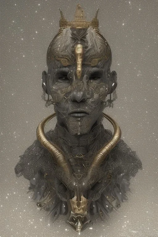 shiny black male African Egyptian alien, cracks in the voodoo head, wicked, eyes, crown, Elephant, 8k, finely detailed, photo realistic, tiger turquoise skull head gold dragon space alien snow skeleton gold hornytoad silver crown silver eyes