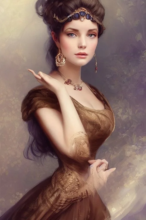 beautiful and gorgerous duchess with incredible jewellery in 19th century clothing by Greg Rutkowski and Artgerm and Emile Vernon and Vladimir Volegov, in a brown dress, mystical castle background, art illustration, natural beauty, muted colors, pastels, perfect fingers, higly detailed, expressive, high detail, symmetrical, digital painting, symmetrical eyes, dynamic lighting, artstation, cinematic lighting, intricate artwork, emitting diodes, smoke, artillery, sparks, racks, system unit, mother