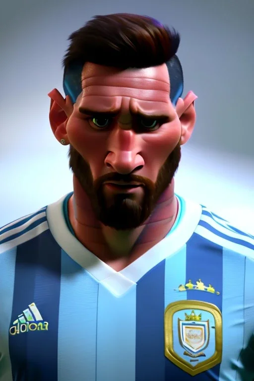 Realistic Messi Argentina soccer player Portrait, mid shot low view, concept art, artstation, 3d, photo studio, clean background, unreal engine 5, ray tracing, RTX, lumen lighting, ultra detail, volumetric lighting.