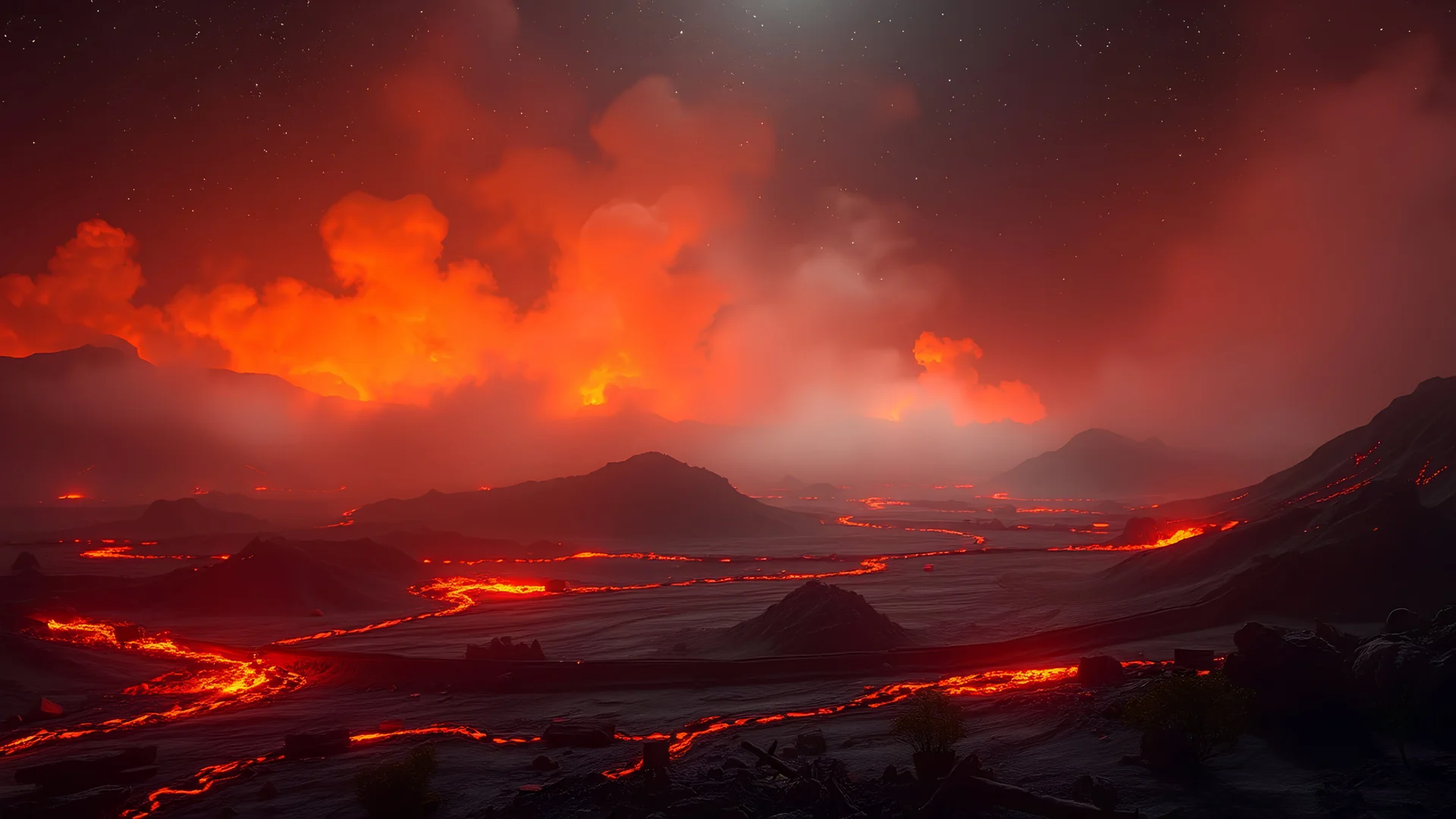 realistic photo of a landscape covered in ash that looks futuristic with futuristic lighting