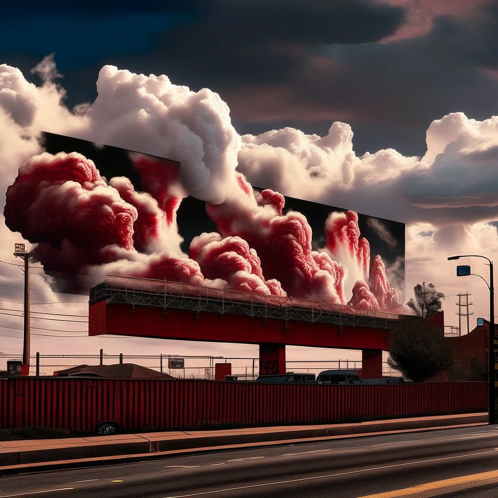 surreal full color photograph, long shot of a billboard on side of a highway containing a modern mural of giant smokestacks spewing thick crimson billowy smoke that transgresses the billboard pouring into the real sky congealing into a cloud on the horizon, surreal, sophisticated, profound, dramatic