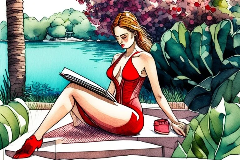 woman in red swimsuit reading a book in a beautiful garden in sunshine style Vittorio Giardino, stylized pen drawing and watercolor