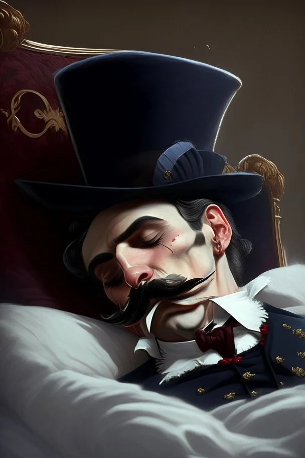Strahd von Zarovich with a handlebar mustache wearing a top hat and taking a nap and blowing a kiss