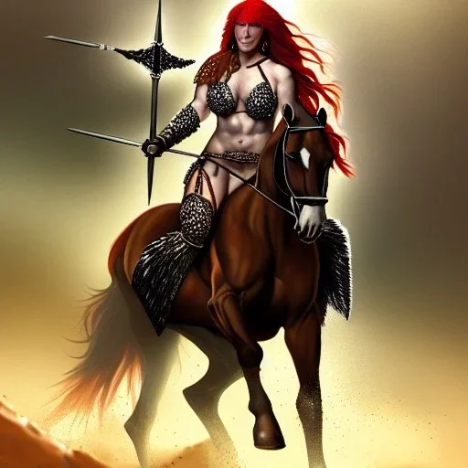 ultra detailed portrait of beautiful Red Sonja Riding a Black Horse, wearing a bikini plate armor, extremely detailed digital painting, extremely detailed face,crystal clear green eyes, in the style of robert e howard and pablo oliveira and Ken Kelley, mystical colors,perfectly centered image, perfect composition, rim light, beautiful lighting,8k, stunning scene, raytracing