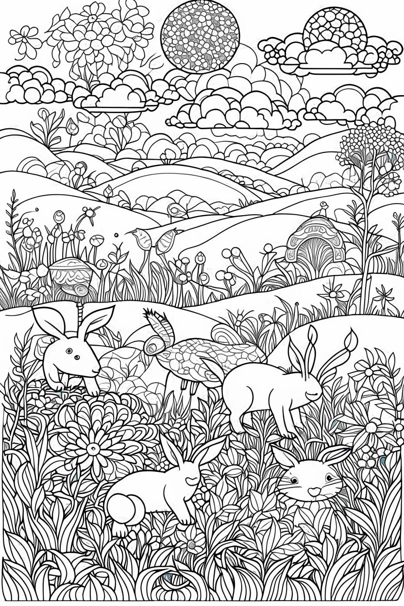 STRESS RELIEF themed coloring page for adult, A cute meadow filled with fluffy bunnies, surrounded by gently rolling hills and dotted with wildflowers, creating a sense of tranquility and simplicity, cartoon style, thick outline, low details, no shading, no color