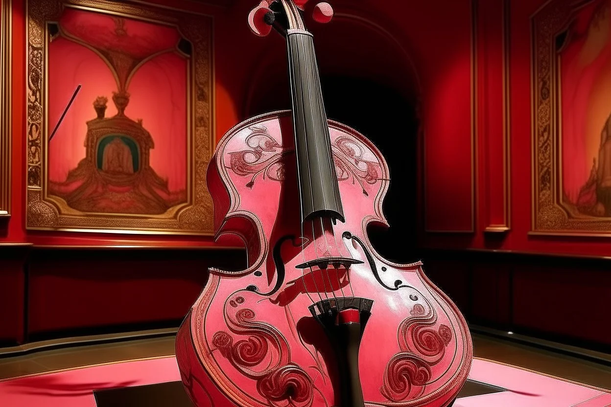 A pink violin in a theater designed in African masks painted by Salvador Dali