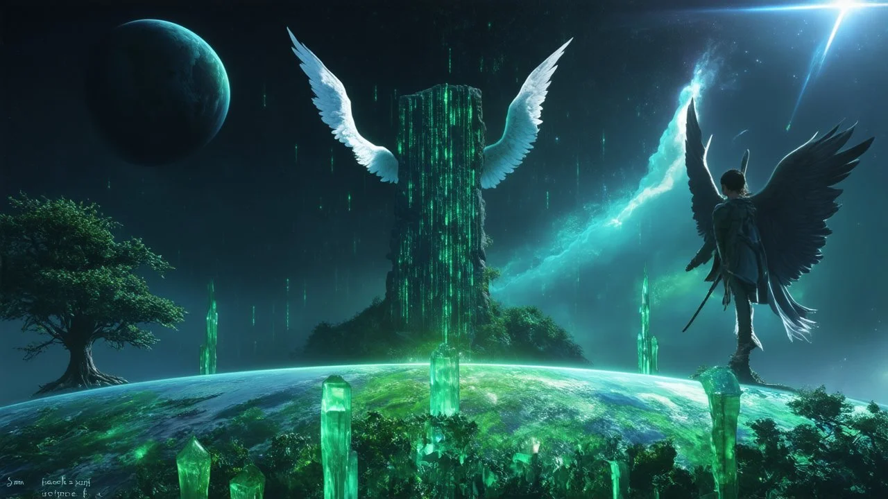 matrix universe, space, planets, god creation, angels from other dimensions with beautiful wings, trees on the planet, behind green crystals of light, few tiberium monolith deposits on the planet near tree,