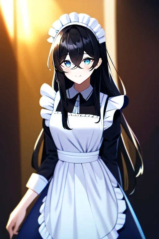 girl, masterpiece, best quality, cinematic lighting, detailed outfit, vibrant colors, perfect eyes, blue eyes, long hair, black hair, messy hair, hair between eyes, depth of field, ray tracing, maid,