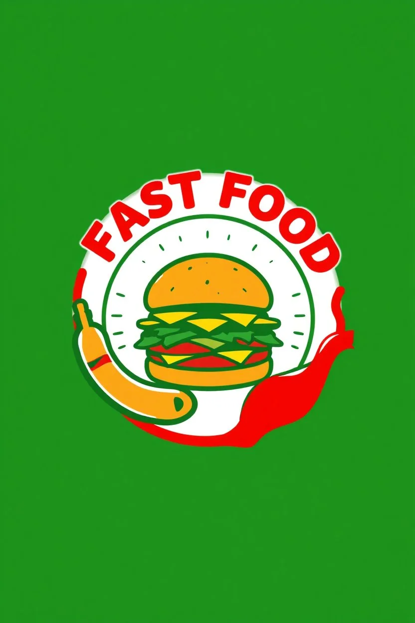 A circle logo designed for fast food with fast food writing and a big hamburger and fried green sausage and ketchup around with red and yellow colors suitable for fast food.