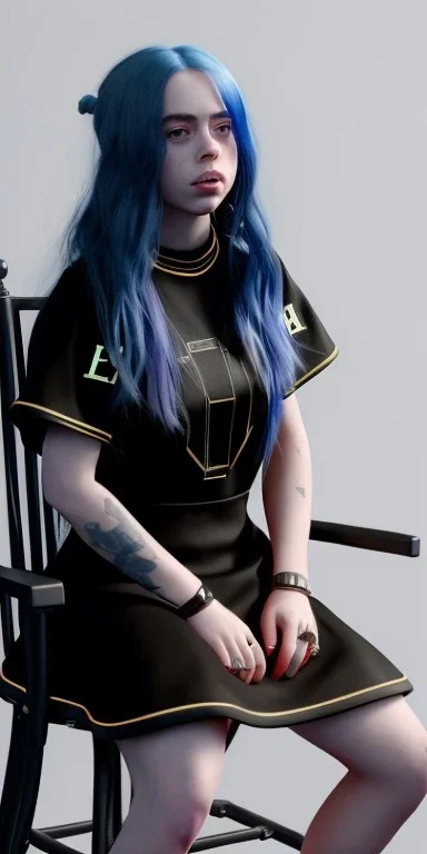 Billie Eilish, sitting on a chair, Black Short Dress, high detail, realistic