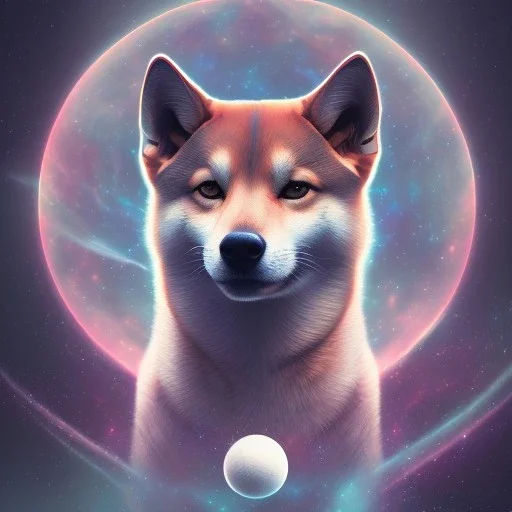 Pleiadean shiba inu surrounded by orbs