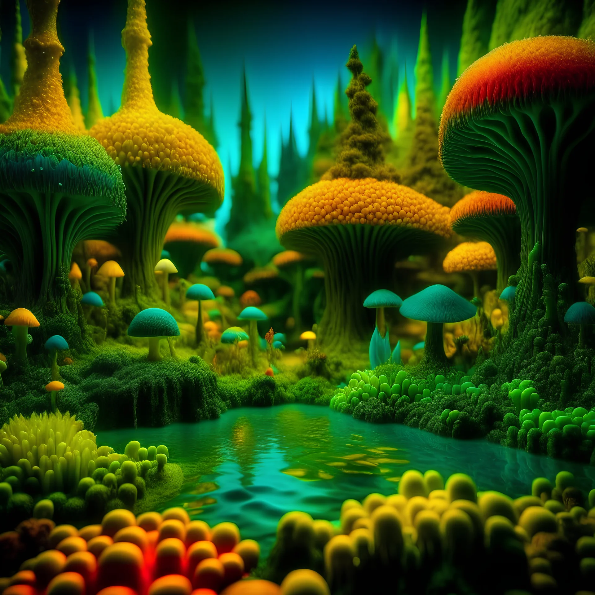 Odd swamp landscape with odd beings surreal abstract Max Ernst style, 120mm photography, sharp focus, 8k, 3d, very detailed, volumetric light, grim, fine art, very colorful, ornate, F/2.8, insanely detailed and intricate, hypermaximalist